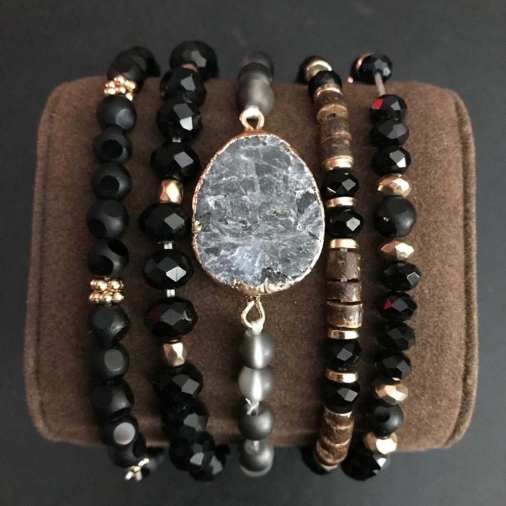 Black Stone Charm Stack Stretchy Bracelets. - image 1